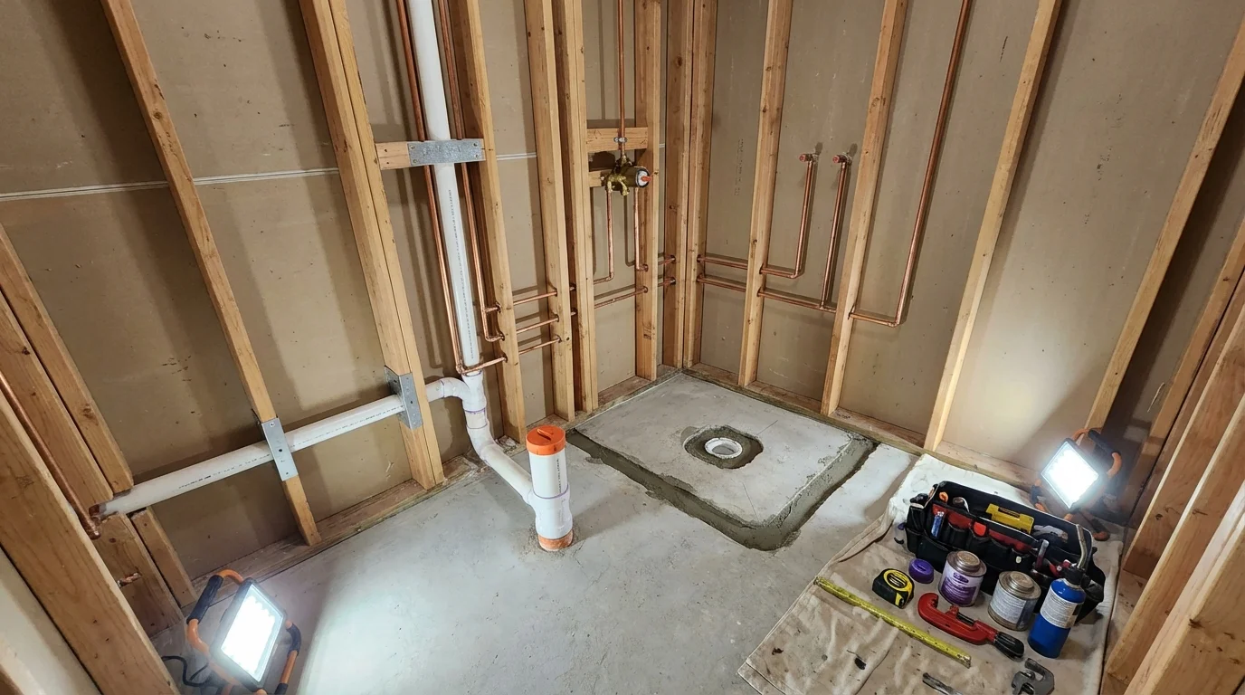 Bathroom rough-in plumbing during remodel by Johns Plumbing LLC in Hackberry