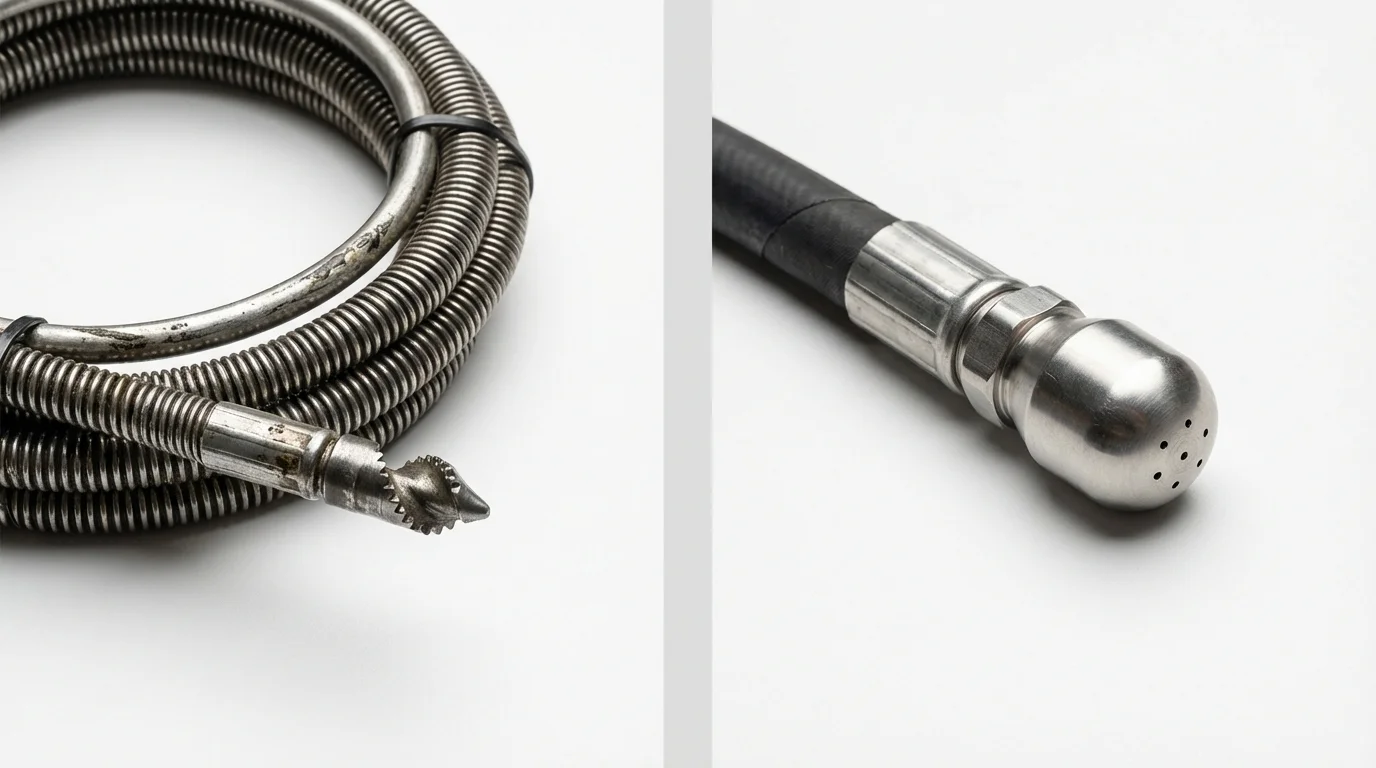 Drain snake cable and hydro jetting nozzle used for drain cleaning in Hackberry, LA