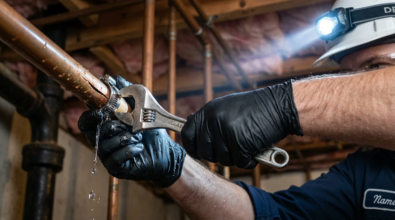 Emergency pipe clamp repair being performed by a Johns Plumbing LLC plumber in Hackberry