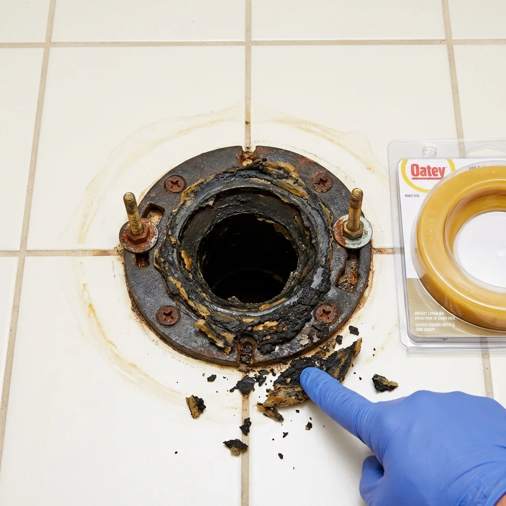 Failed wax ring showing water seepage at the base of a toilet in a Hackberry, LA home