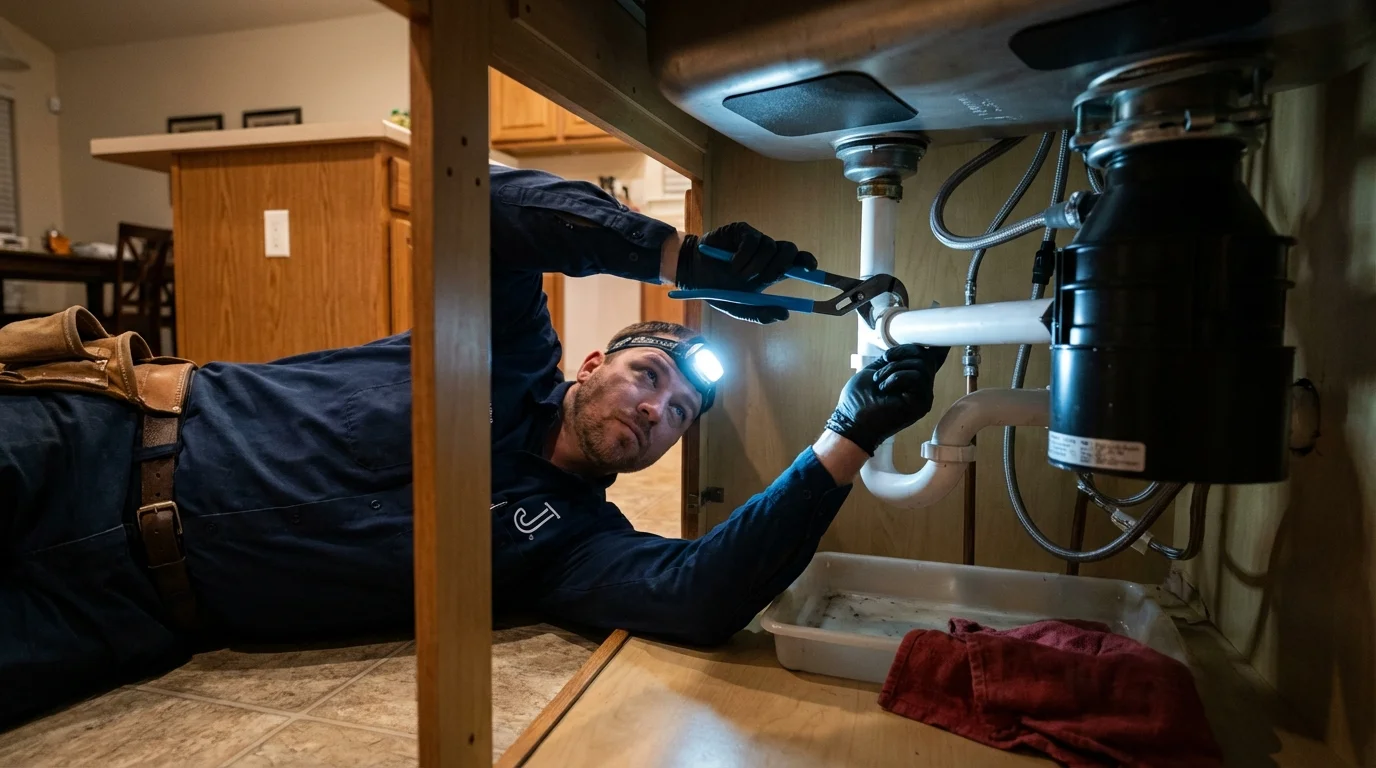 P-trap and supply line connections under a kitchen sink showing a common leak point in Hackberry, LA